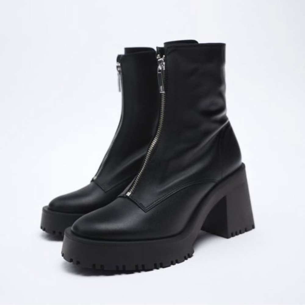 Zara Leather zip up platform boot 39